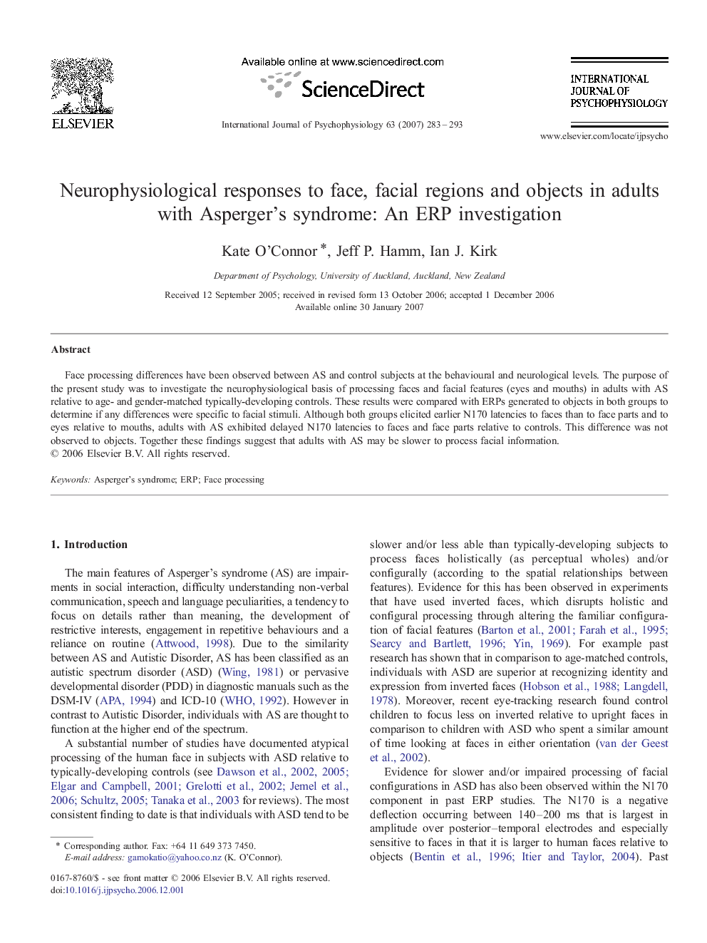 Neurophysiological responses to face, facial regions and objects in adults with Asperger's syndrome: An ERP investigation