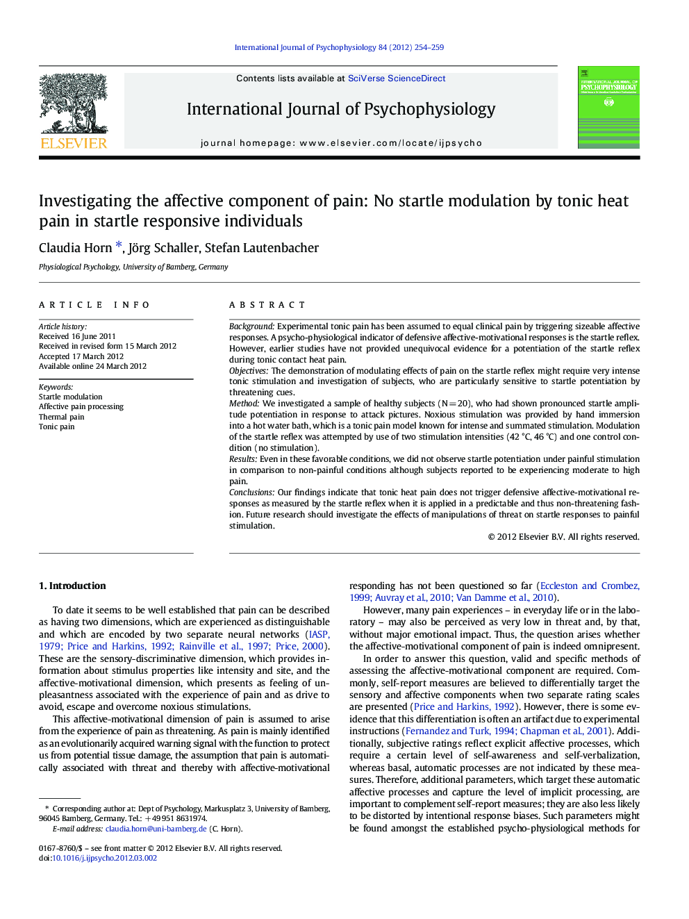 Investigating the affective component of pain: No startle modulation by tonic heat pain in startle responsive individuals