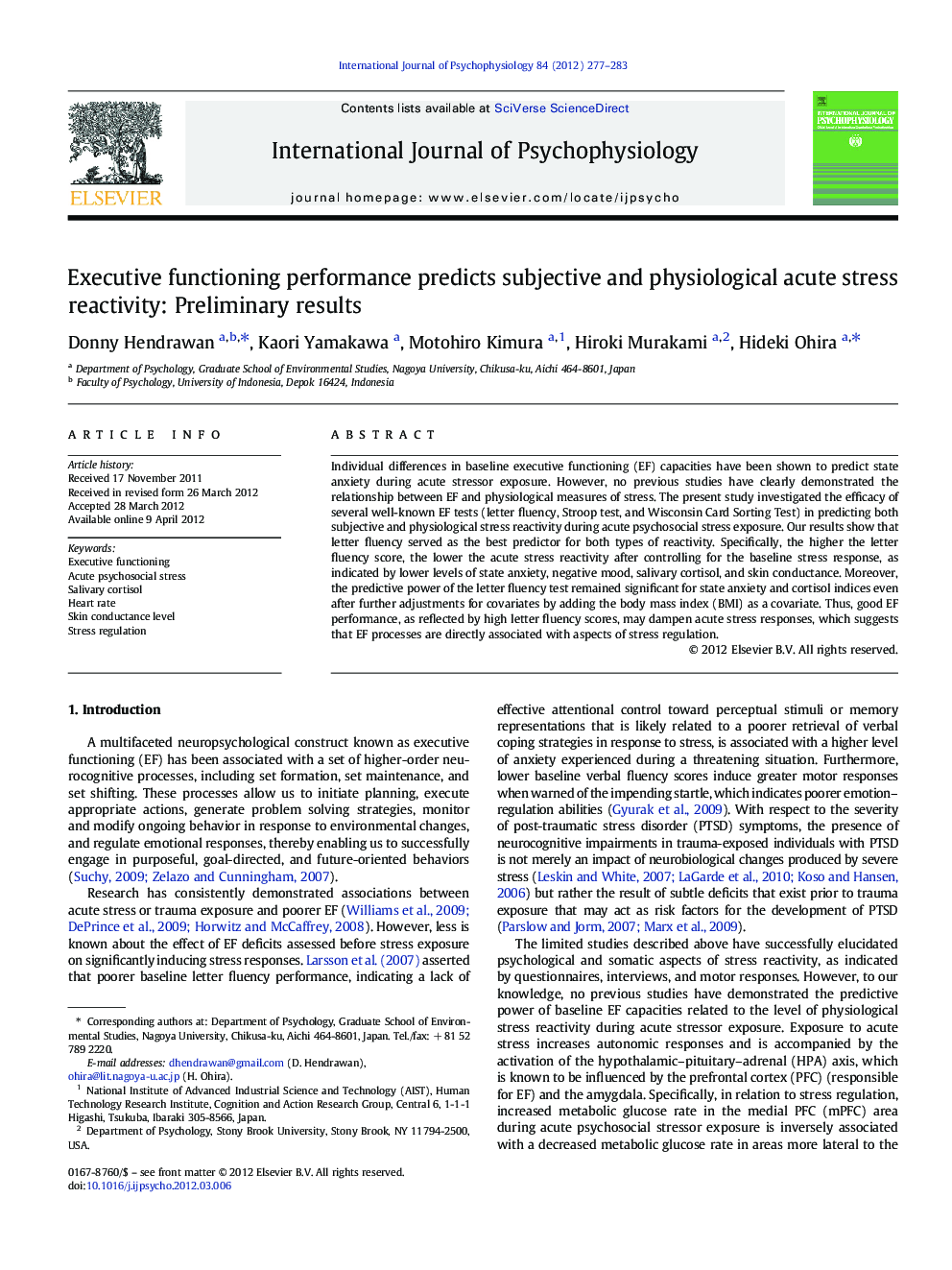 Executive functioning performance predicts subjective and physiological acute stress reactivity: Preliminary results