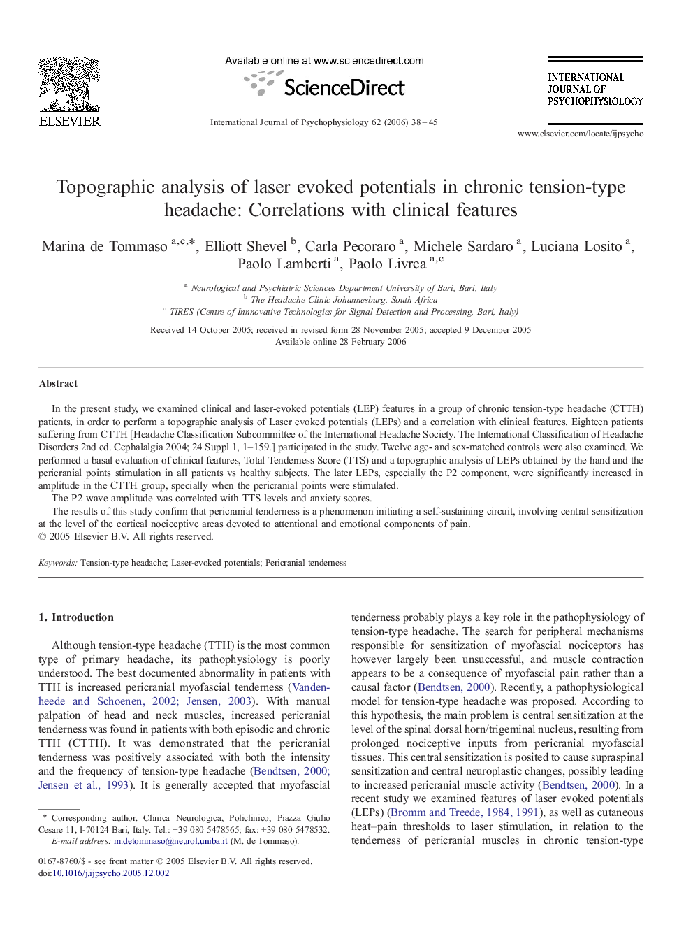 Topographic analysis of laser evoked potentials in chronic tension-type headache: Correlations with clinical features