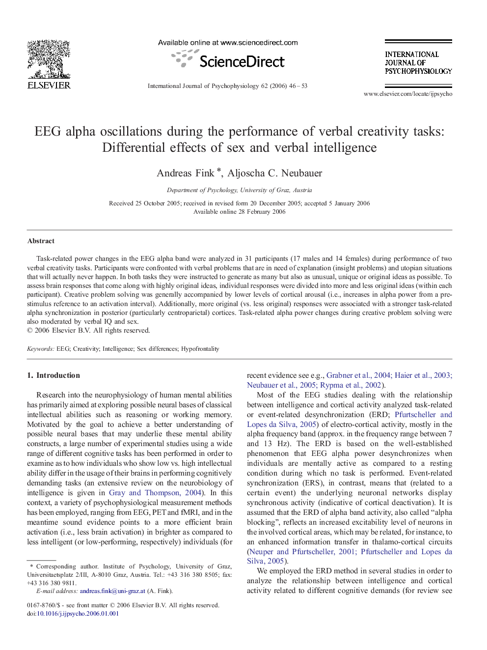 EEG alpha oscillations during the performance of verbal creativity tasks: Differential effects of sex and verbal intelligence