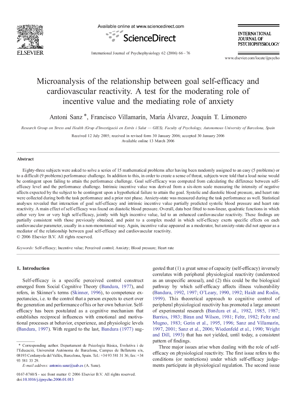 Microanalysis of the relationship between goal self-efficacy and cardiovascular reactivity. A test for the moderating role of incentive value and the mediating role of anxiety