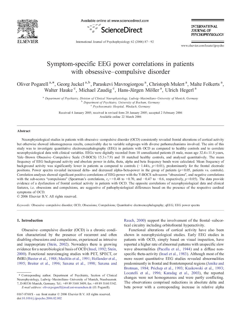 Symptom-specific EEG power correlations in patients with obsessive–compulsive disorder