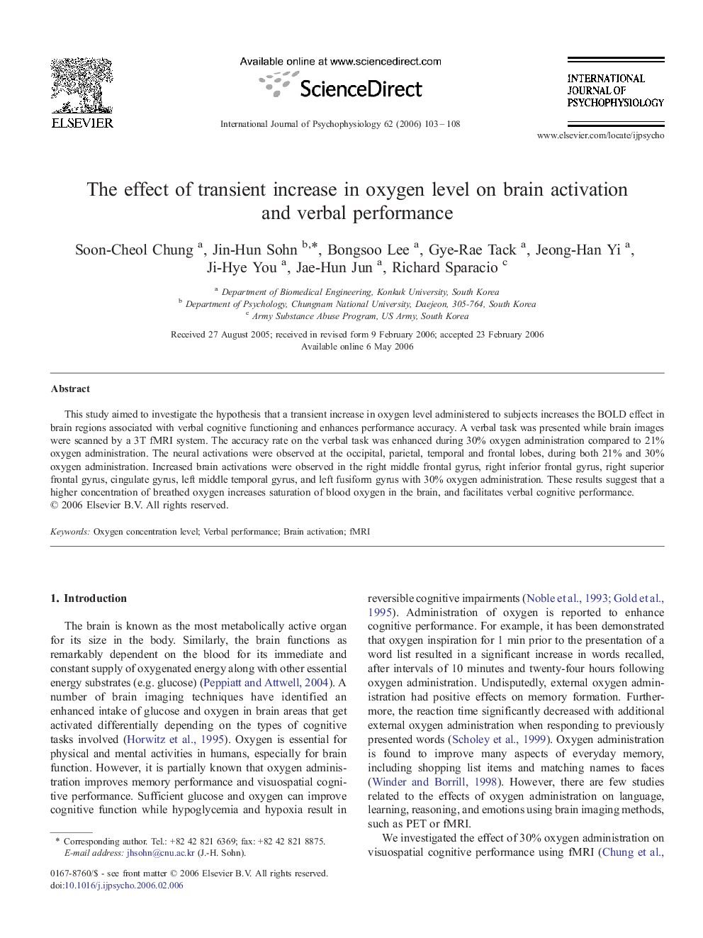 The effect of transient increase in oxygen level on brain activation and verbal performance