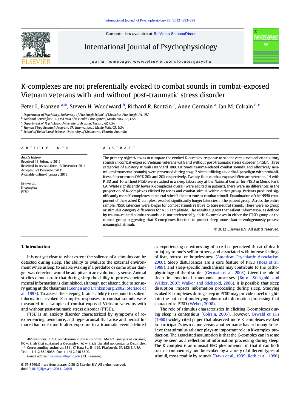 K-complexes are not preferentially evoked to combat sounds in combat-exposed Vietnam veterans with and without post-traumatic stress disorder