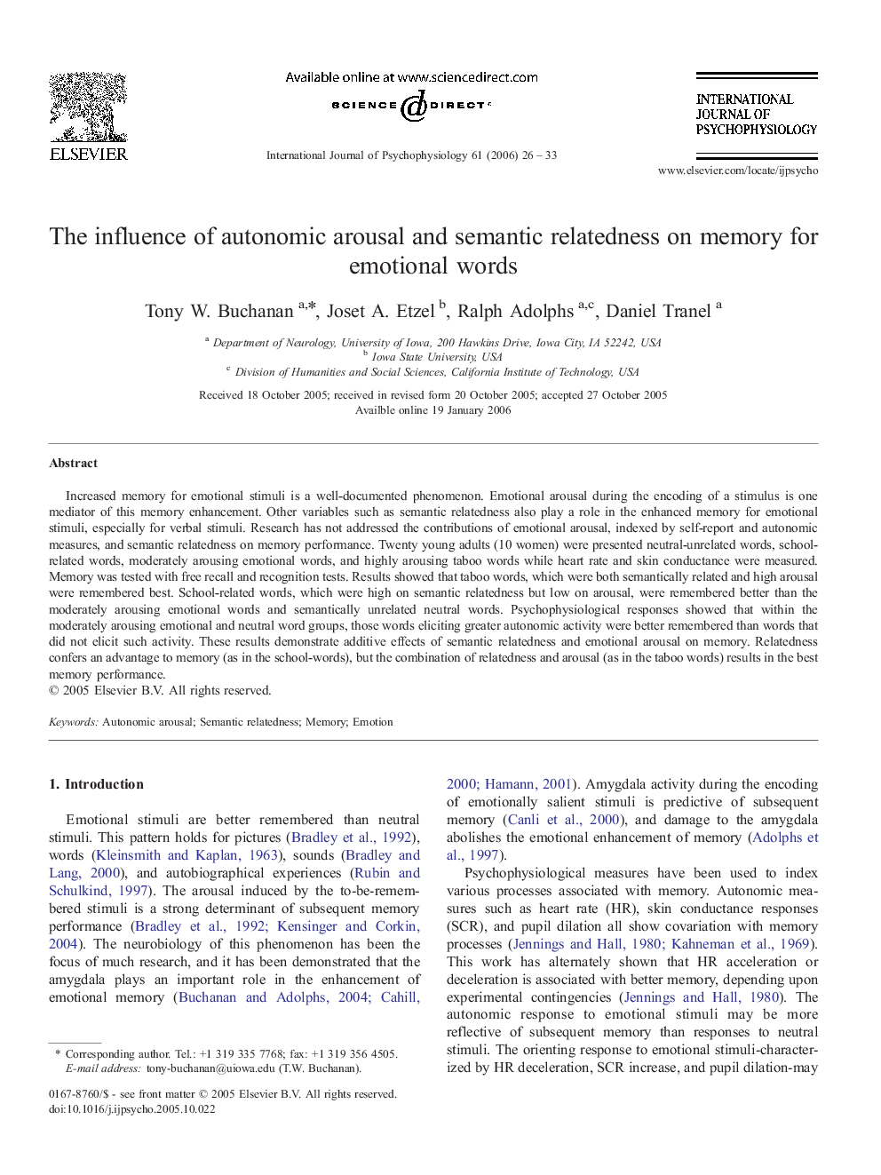 The influence of autonomic arousal and semantic relatedness on memory for emotional words