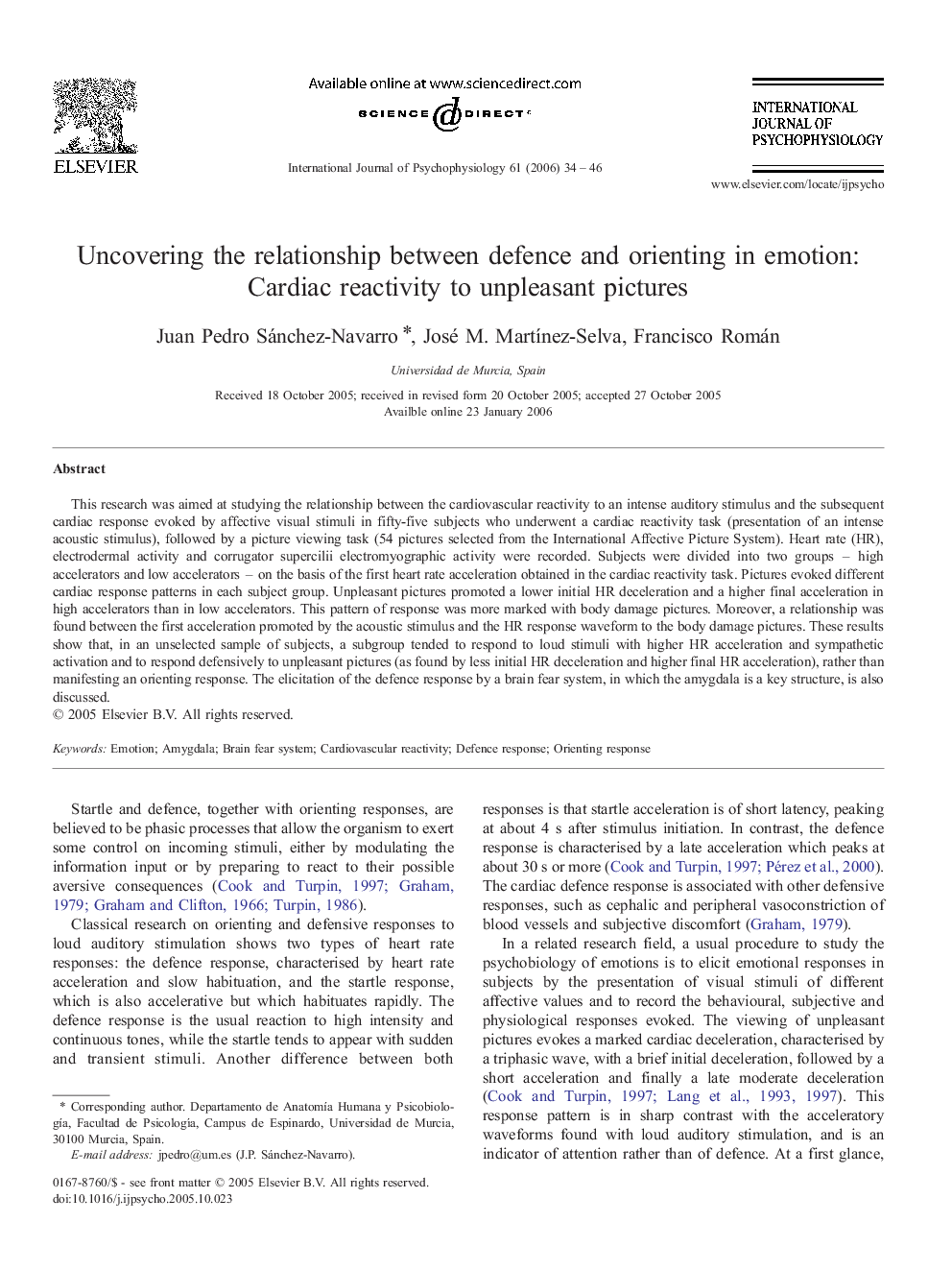 Uncovering the relationship between defence and orienting in emotion: Cardiac reactivity to unpleasant pictures