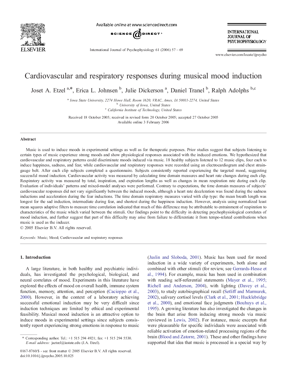 Cardiovascular and respiratory responses during musical mood induction