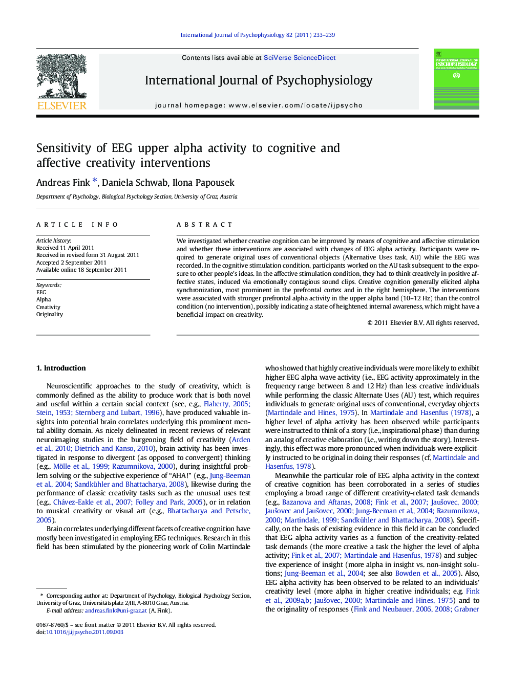 Sensitivity of EEG upper alpha activity to cognitive and affective creativity interventions