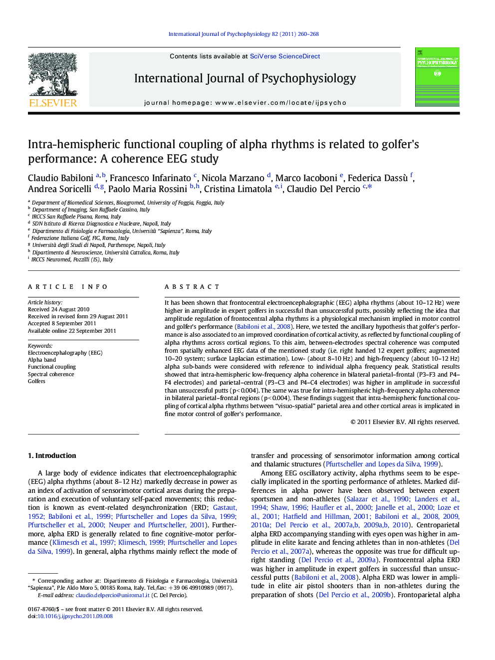 Intra-hemispheric functional coupling of alpha rhythms is related to golfer's performance: A coherence EEG study