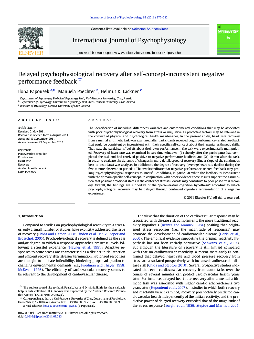 Delayed psychophysiological recovery after self-concept-inconsistent negative performance feedback 