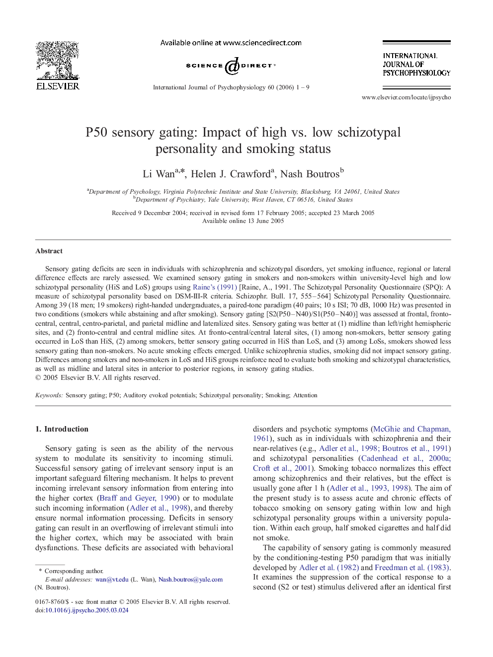 P50 sensory gating: Impact of high vs. low schizotypal personality and smoking status