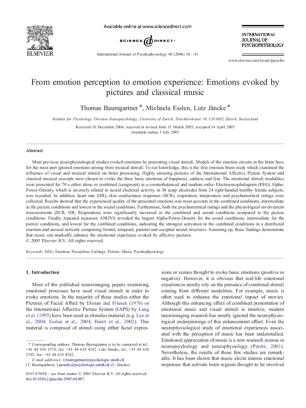 From emotion perception to emotion experience: Emotions evoked by pictures and classical music