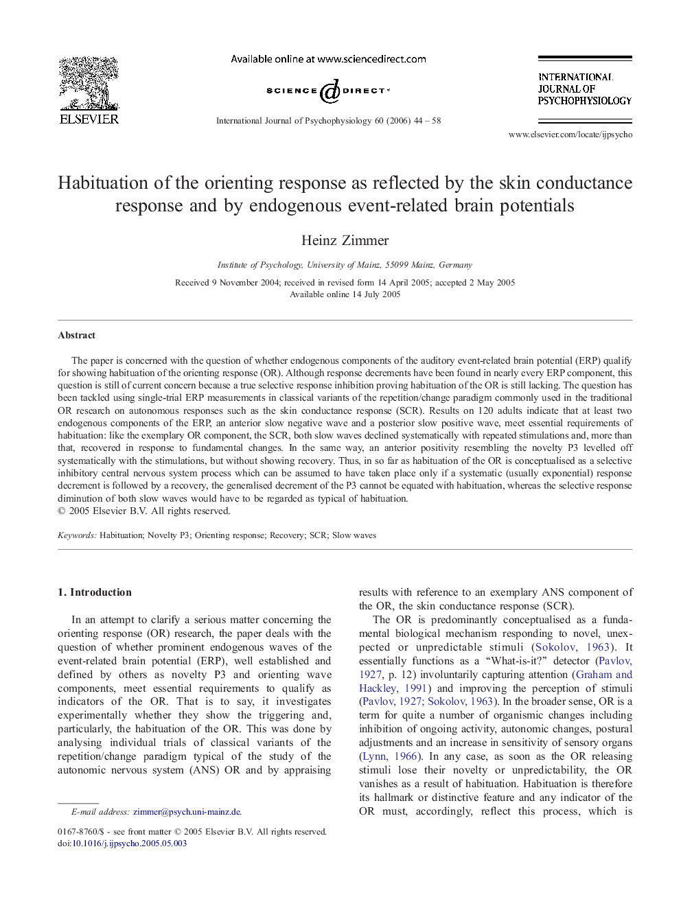 Habituation of the orienting response as reflected by the skin conductance response and by endogenous event-related brain potentials