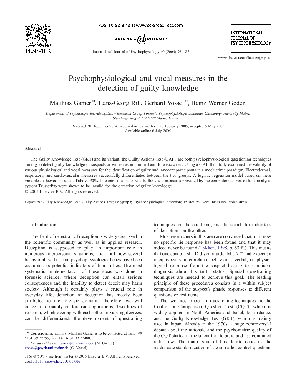 Psychophysiological and vocal measures in the detection of guilty knowledge