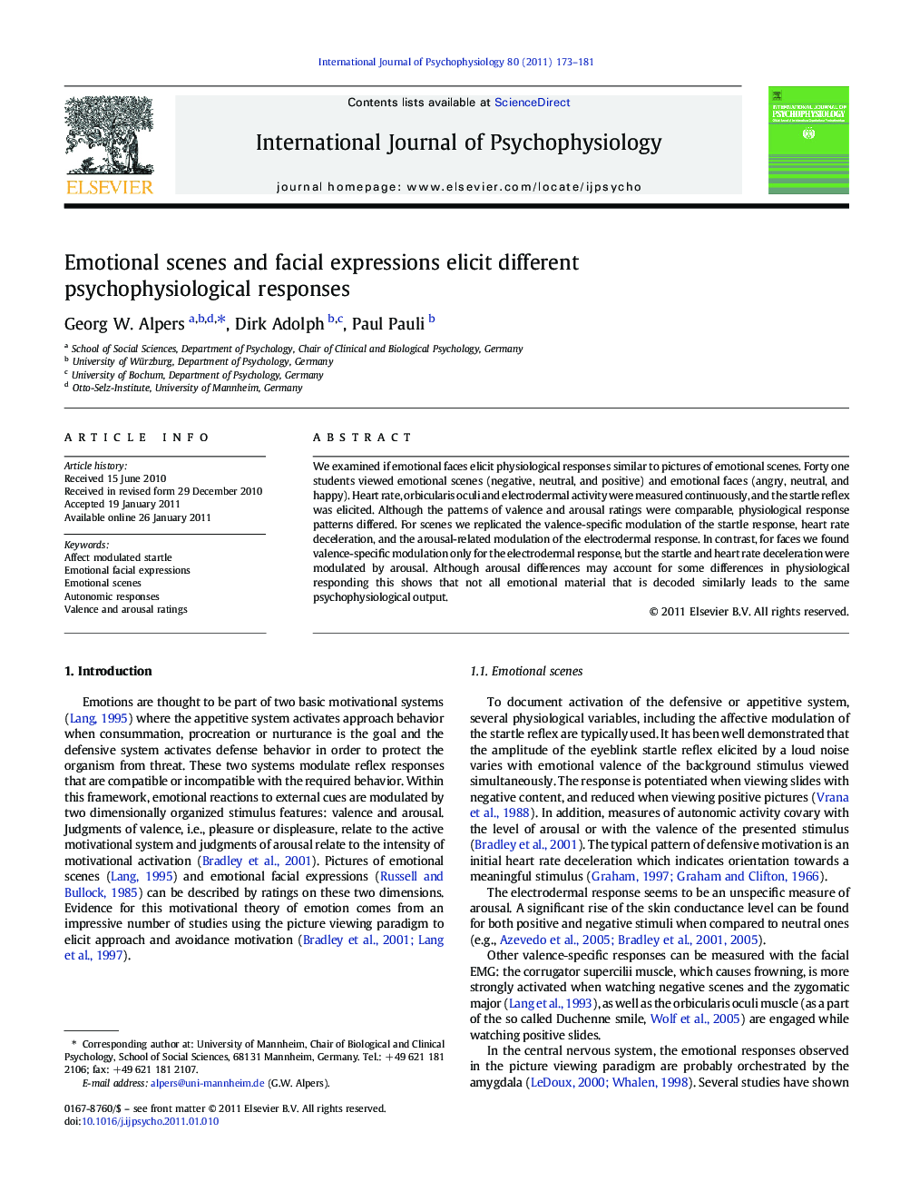 Emotional scenes and facial expressions elicit different psychophysiological responses