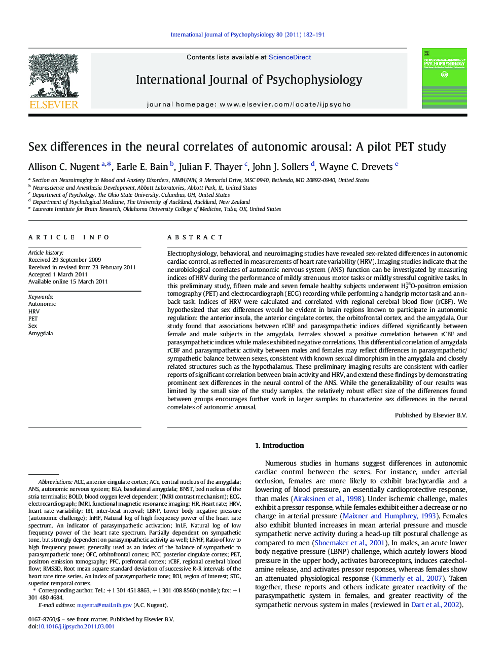 Sex differences in the neural correlates of autonomic arousal: A pilot PET study