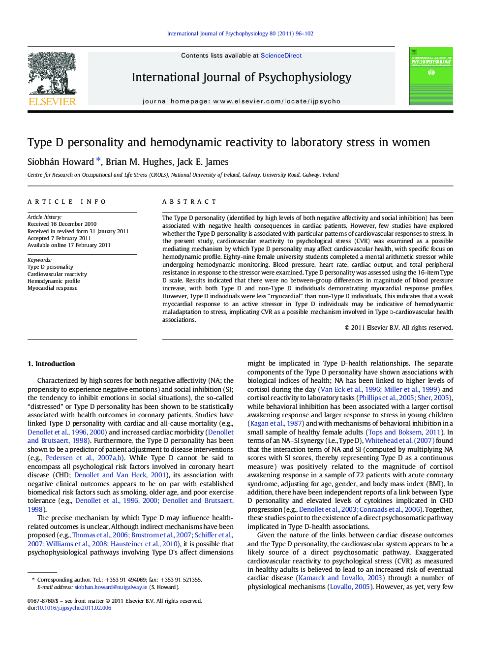 Type D personality and hemodynamic reactivity to laboratory stress in women