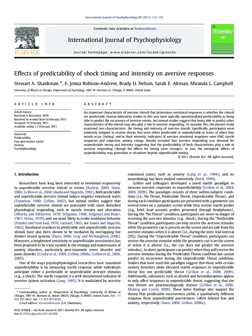 Effects of predictability of shock timing and intensity on aversive responses