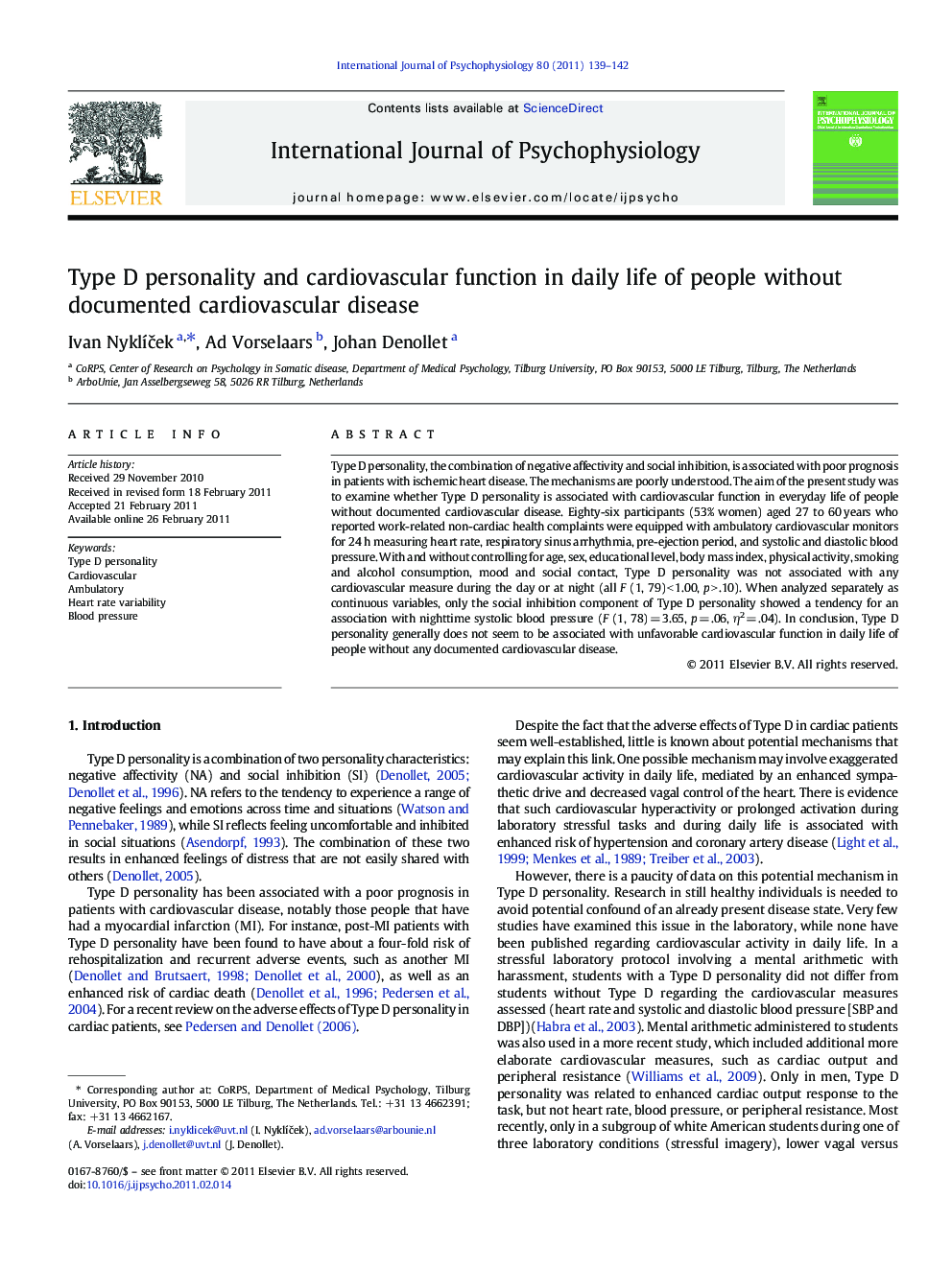 Type D personality and cardiovascular function in daily life of people without documented cardiovascular disease