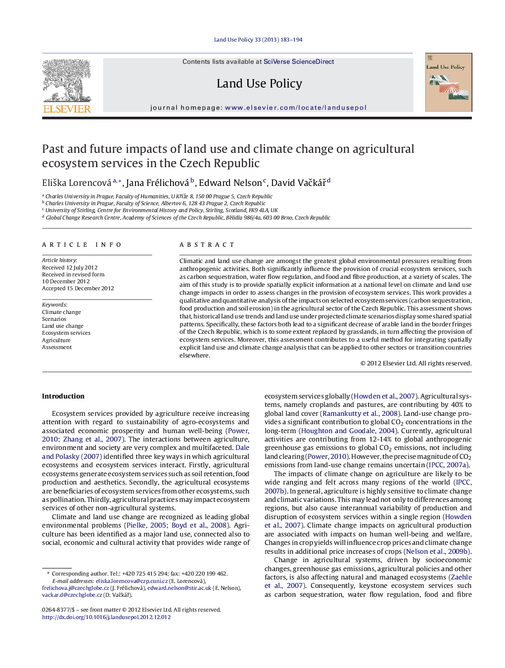 Past and future impacts of land use and climate change on agricultural ecosystem services in the Czech Republic