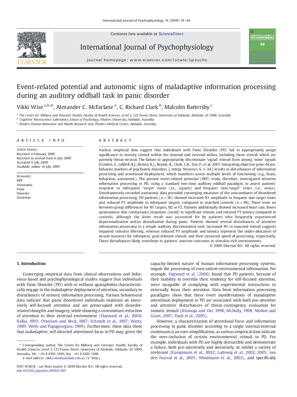 Event-related potential and autonomic signs of maladaptive information processing during an auditory oddball task in panic disorder