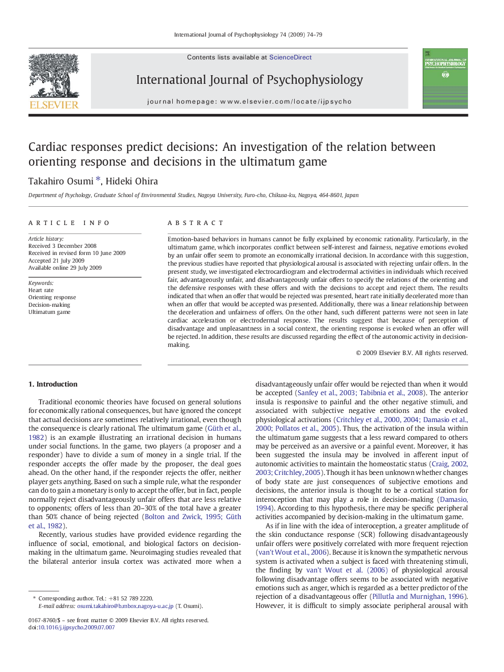 Cardiac responses predict decisions: An investigation of the relation between orienting response and decisions in the ultimatum game