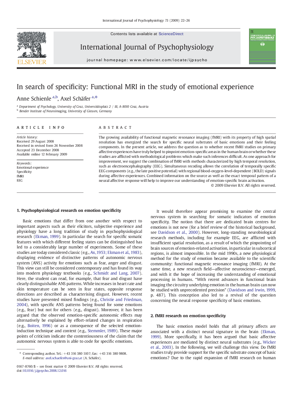 In search of specificity: Functional MRI in the study of emotional experience