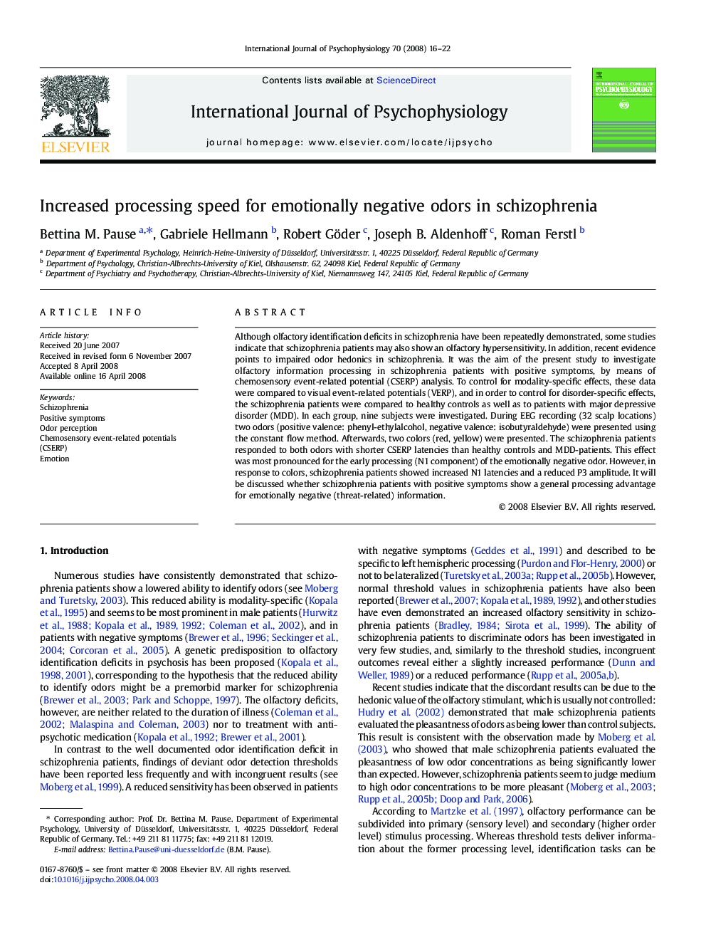 Increased processing speed for emotionally negative odors in schizophrenia