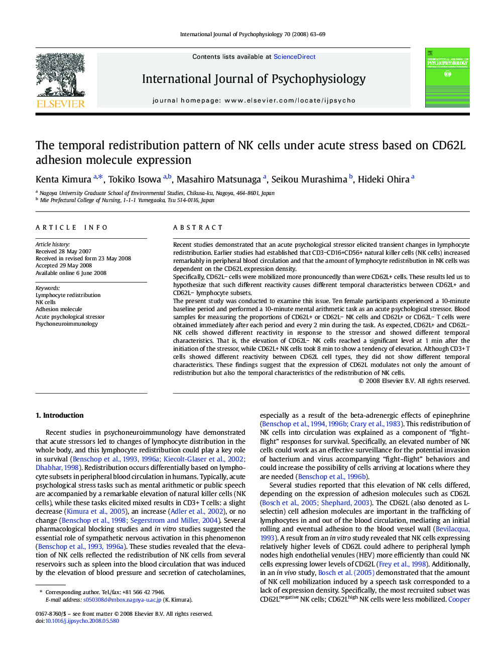 The temporal redistribution pattern of NK cells under acute stress based on CD62L adhesion molecule expression