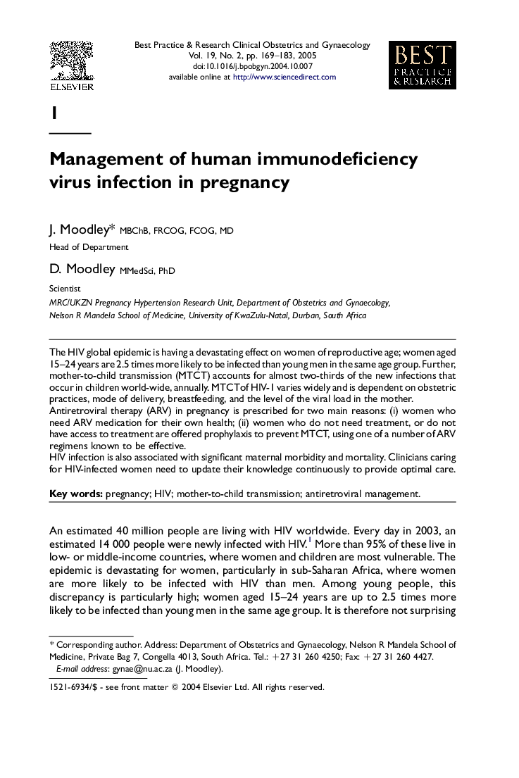 Management of human immunodeficiency virus infection in pregnancy