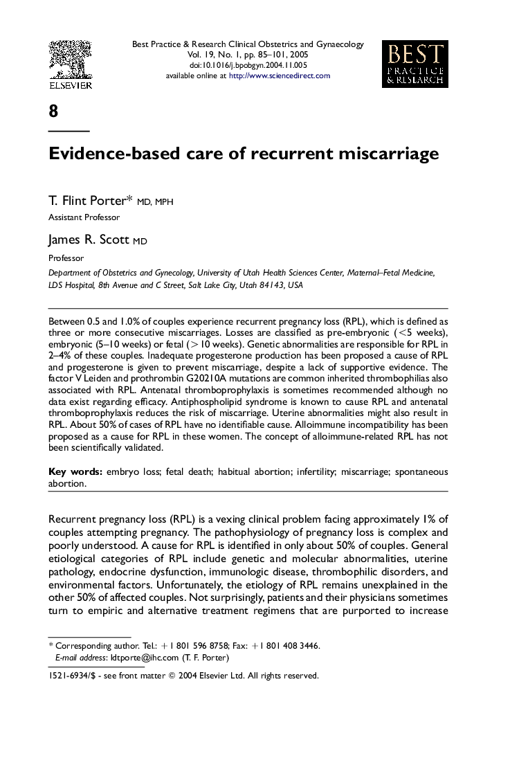 Evidence-based care of recurrent miscarriage