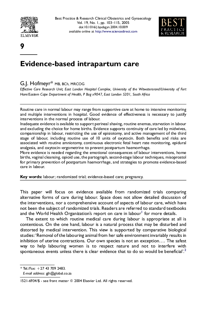 Evidence-based intrapartum care