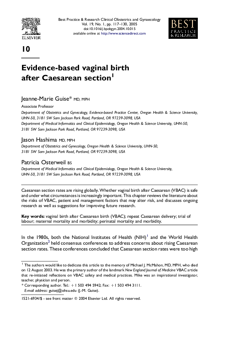 Evidence-based vaginal birth after Caesarean section