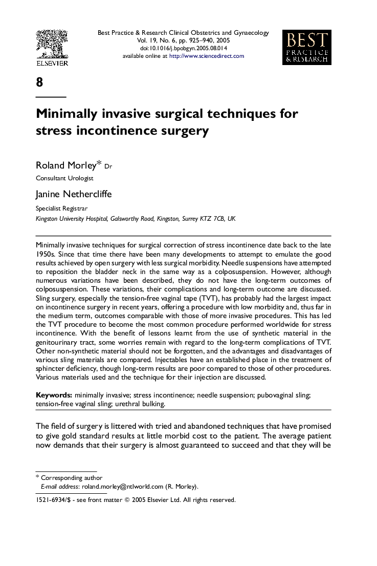 Minimally invasive surgical techniques for stress incontinence surgery