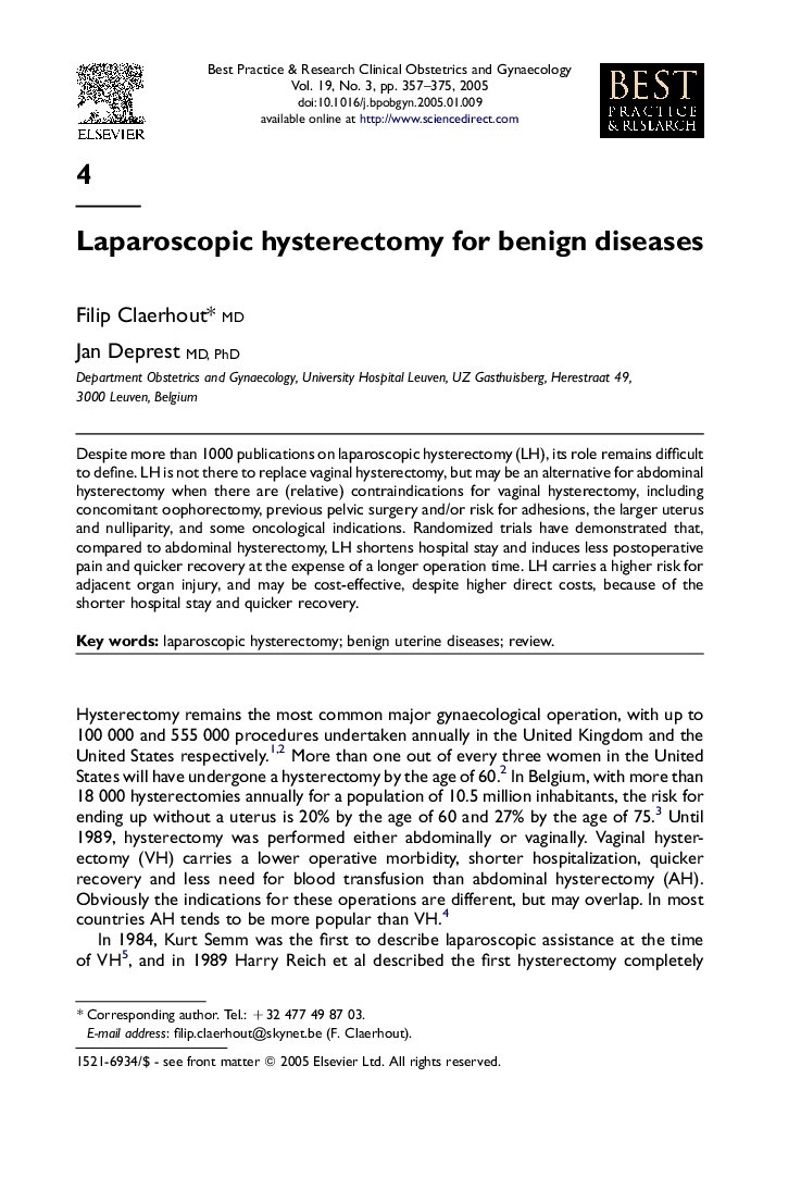 Laparoscopic hysterectomy for benign diseases