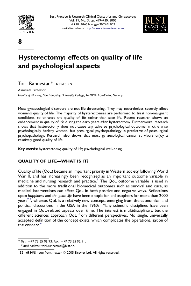 Hysterectomy: effects on quality of life and psychological aspects