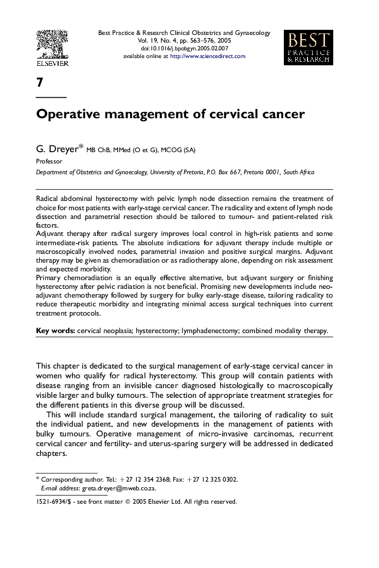 Operative management of cervical cancer