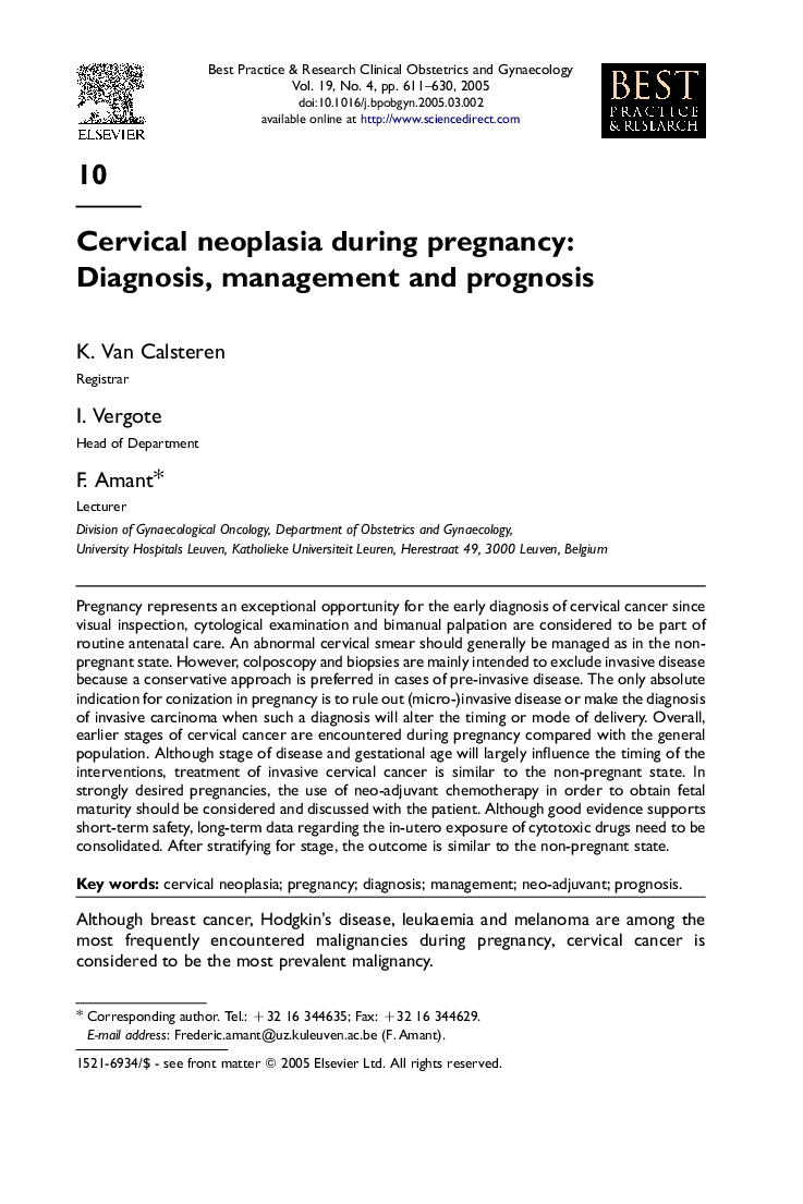 Cervical neoplasia during pregnancy: Diagnosis, management and prognosis