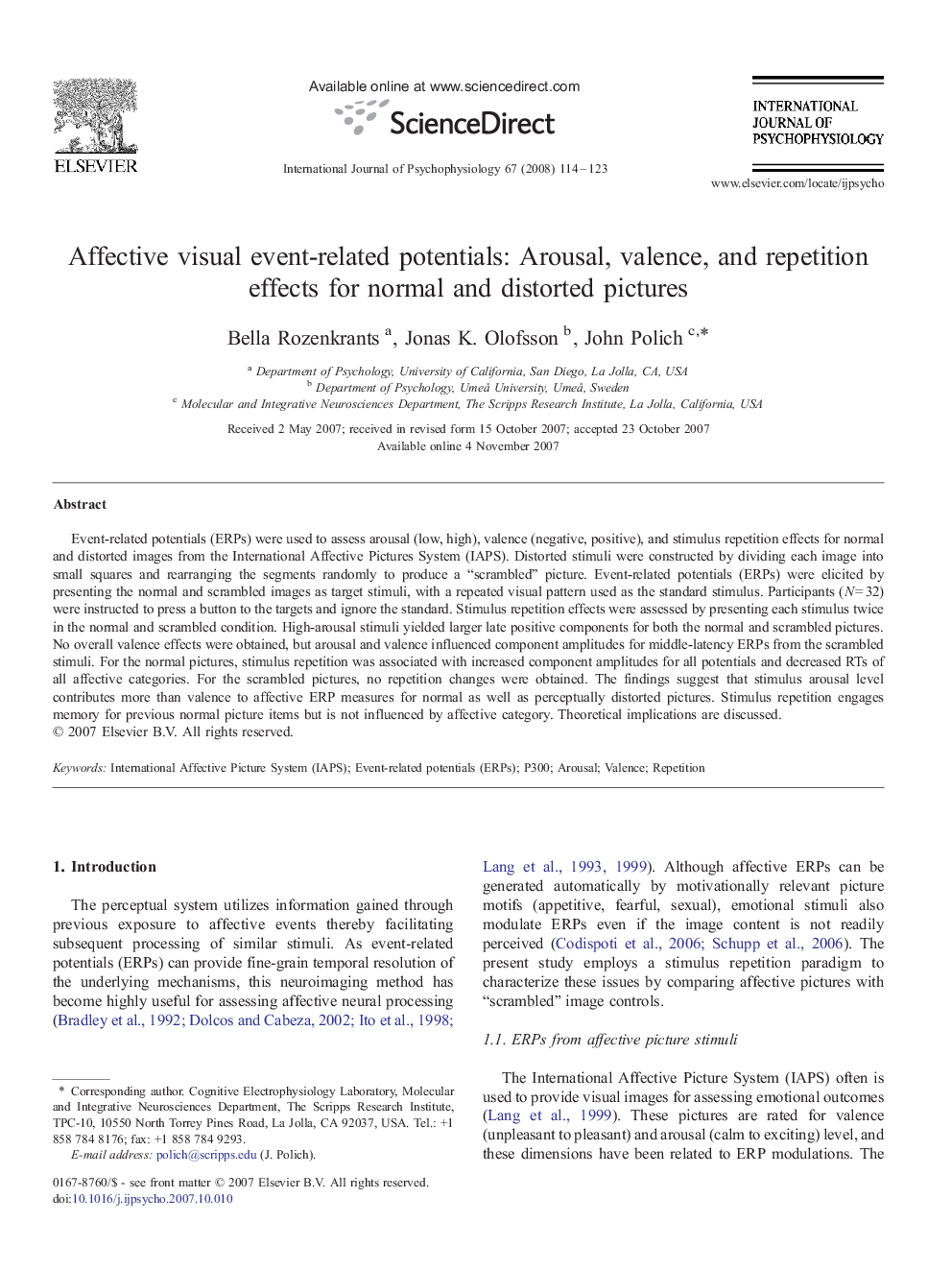 Affective visual event-related potentials: Arousal, valence, and repetition effects for normal and distorted pictures