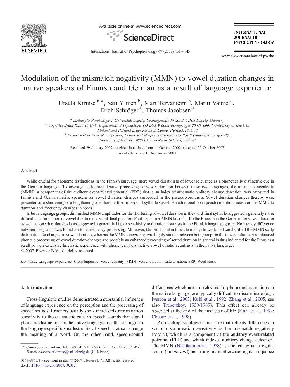 Modulation of the mismatch negativity (MMN) to vowel duration changes in native speakers of Finnish and German as a result of language experience