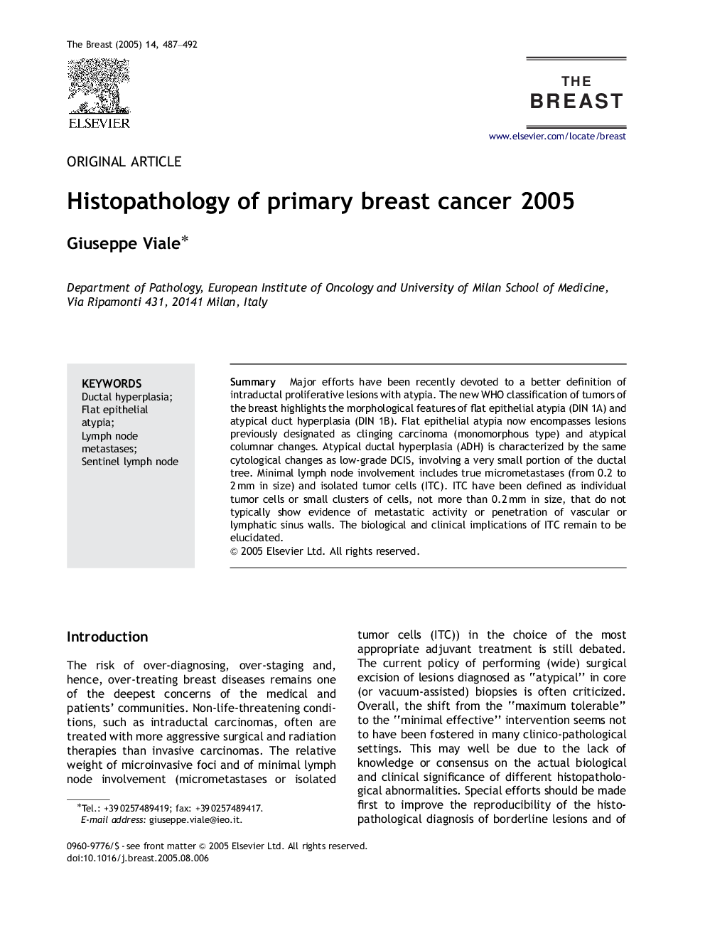 Histopathology of primary breast cancer 2005