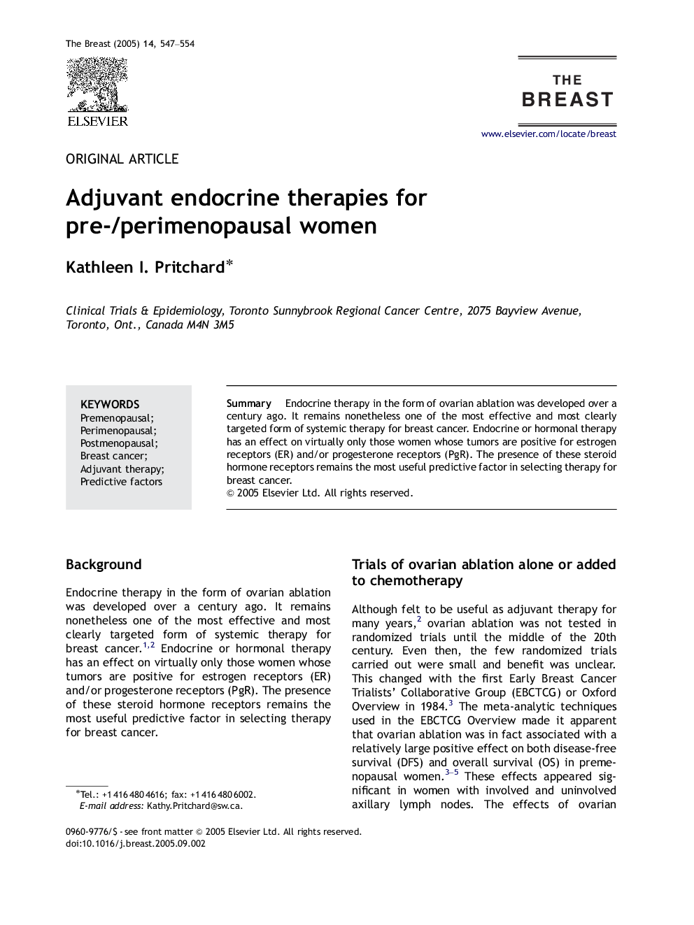 Adjuvant endocrine therapies for pre-/perimenopausal women