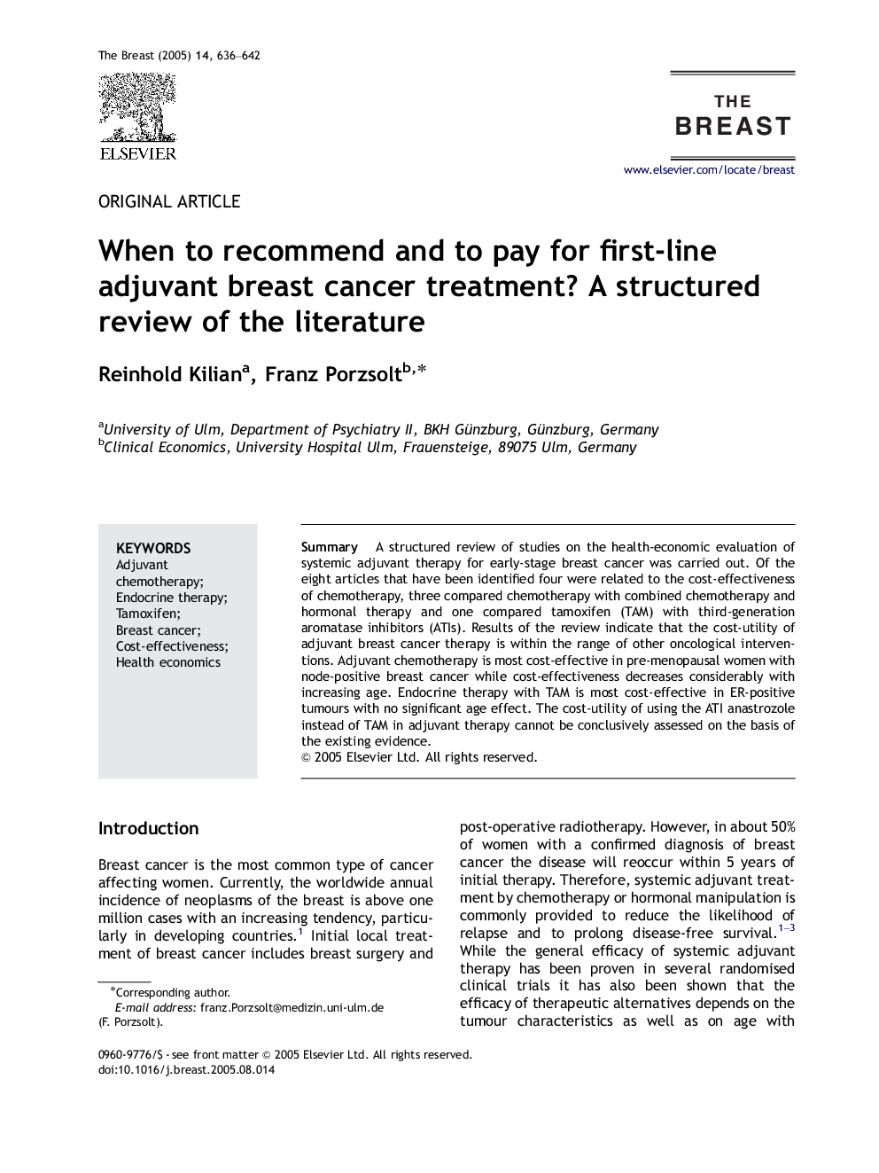 When to recommend and to pay for first-line adjuvant breast cancer treatment? A structured review of the literature