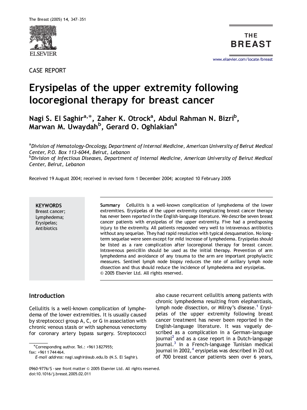 Erysipelas of the upper extremity following locoregional therapy for breast cancer