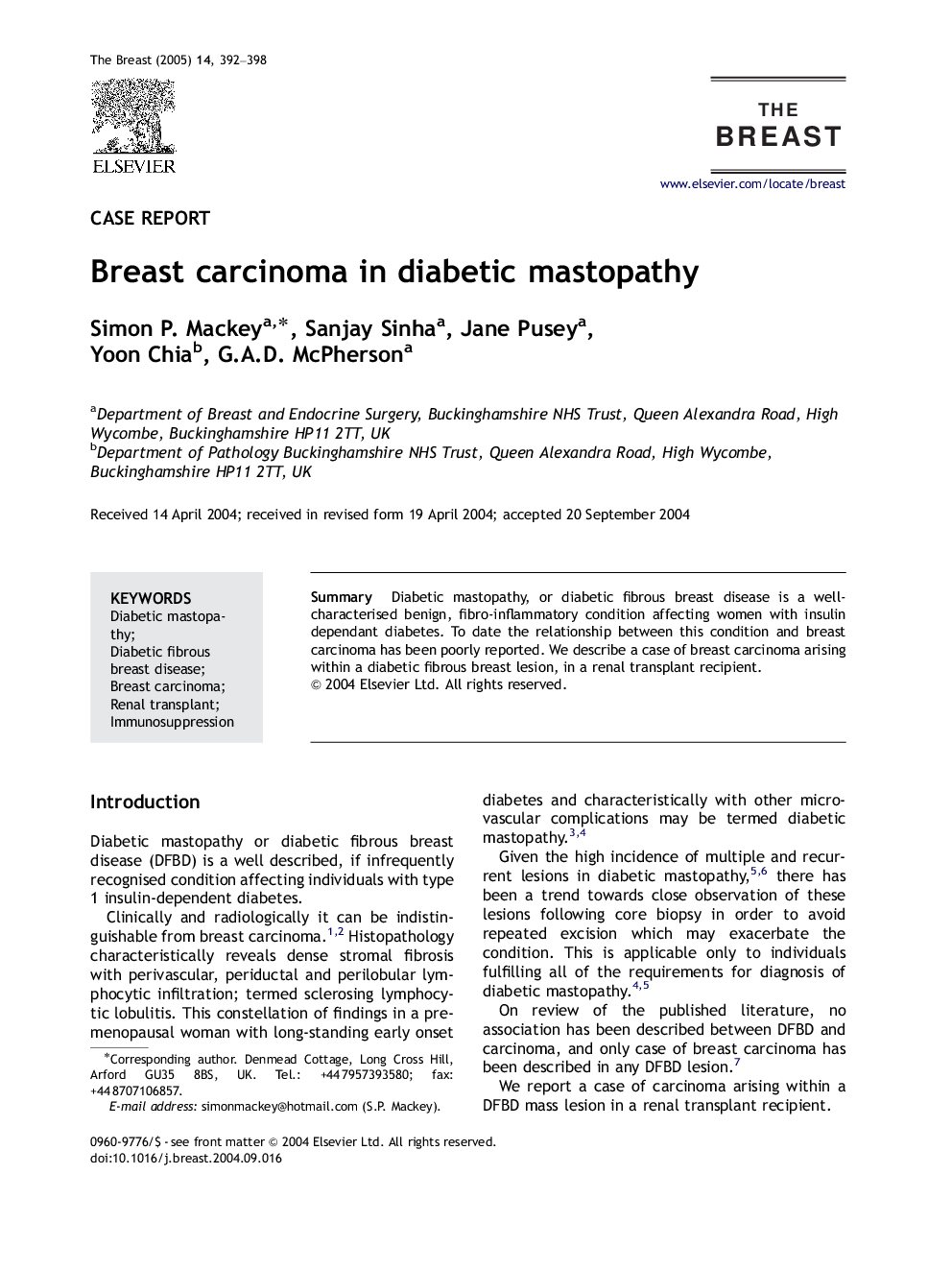 Breast carcinoma in diabetic mastopathy