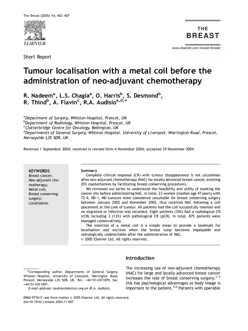 Tumour localisation with a metal coil before the administration of neo-adjuvant chemotherapy