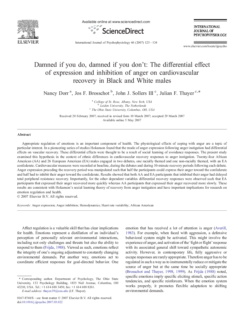 Damned if you do, damned if you don't: The differential effect of expression and inhibition of anger on cardiovascular recovery in Black and White males