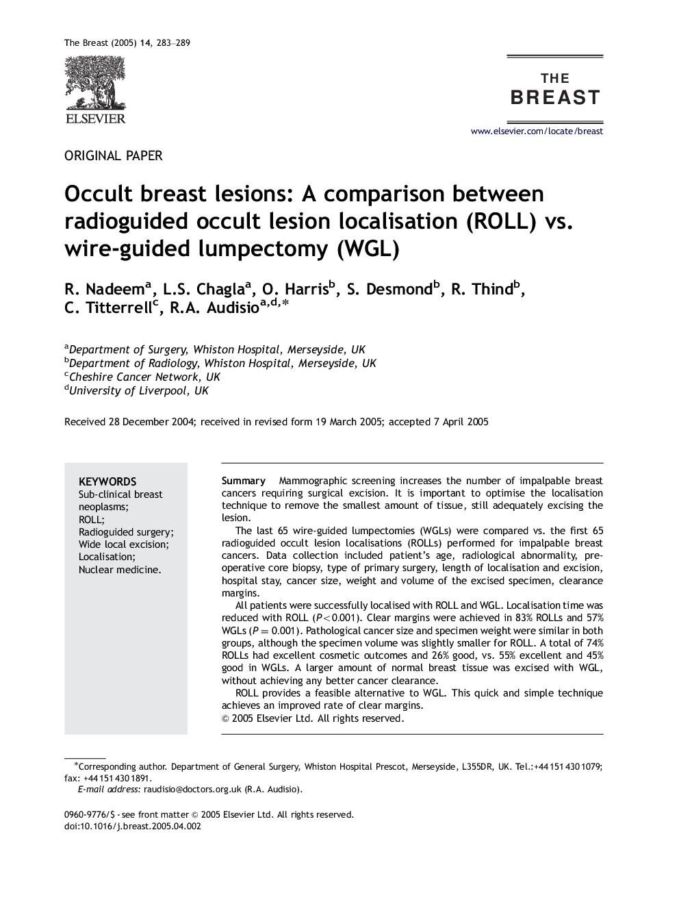 Occult breast lesions: A comparison between radioguided occult lesion localisation (ROLL) vs. wire-guided lumpectomy (WGL)