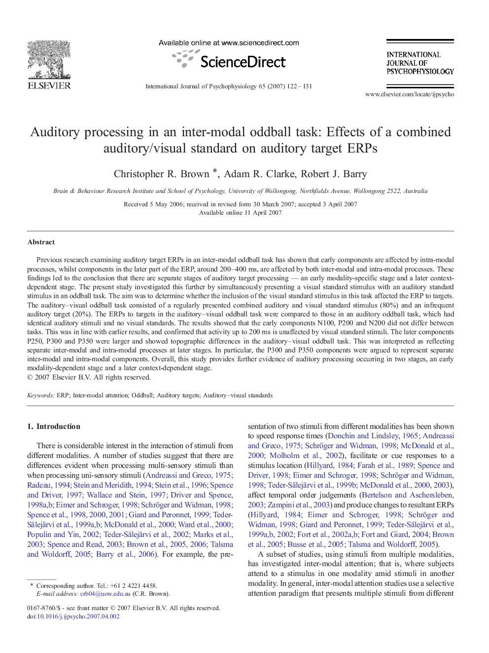 Auditory processing in an inter-modal oddball task: Effects of a combined auditory/visual standard on auditory target ERPs